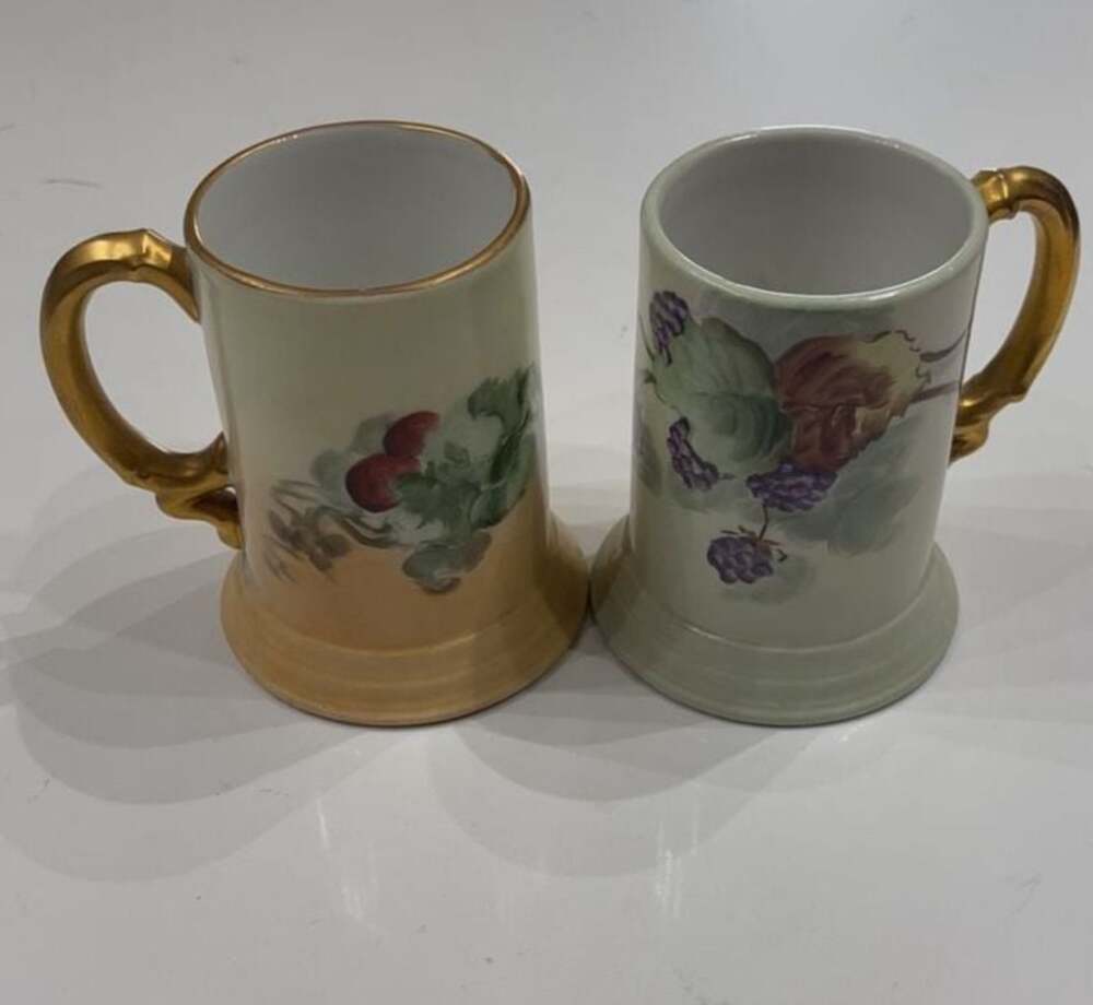 Set of 2 Vintage J.P. France Hand Painted Porcelain Mugs Gold Handles 1 signed